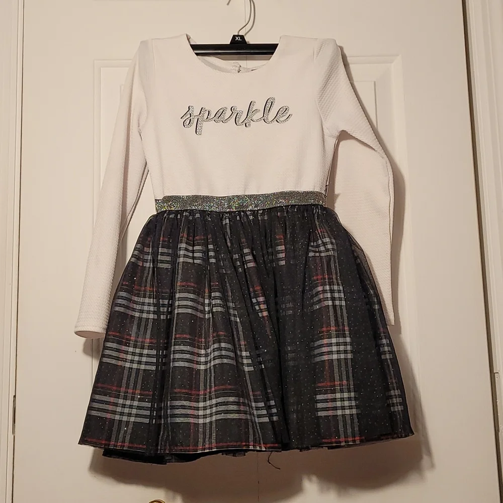 Dollie & Me Girls 8 long sleeve plaid glitter bling sparkle tulle dress